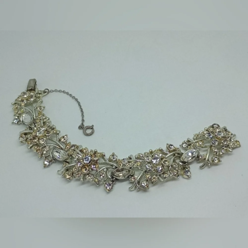 * vintage signed Coro wide clear rhinestones flowers bracelet